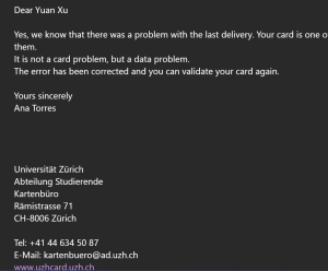 Email from UZH card center